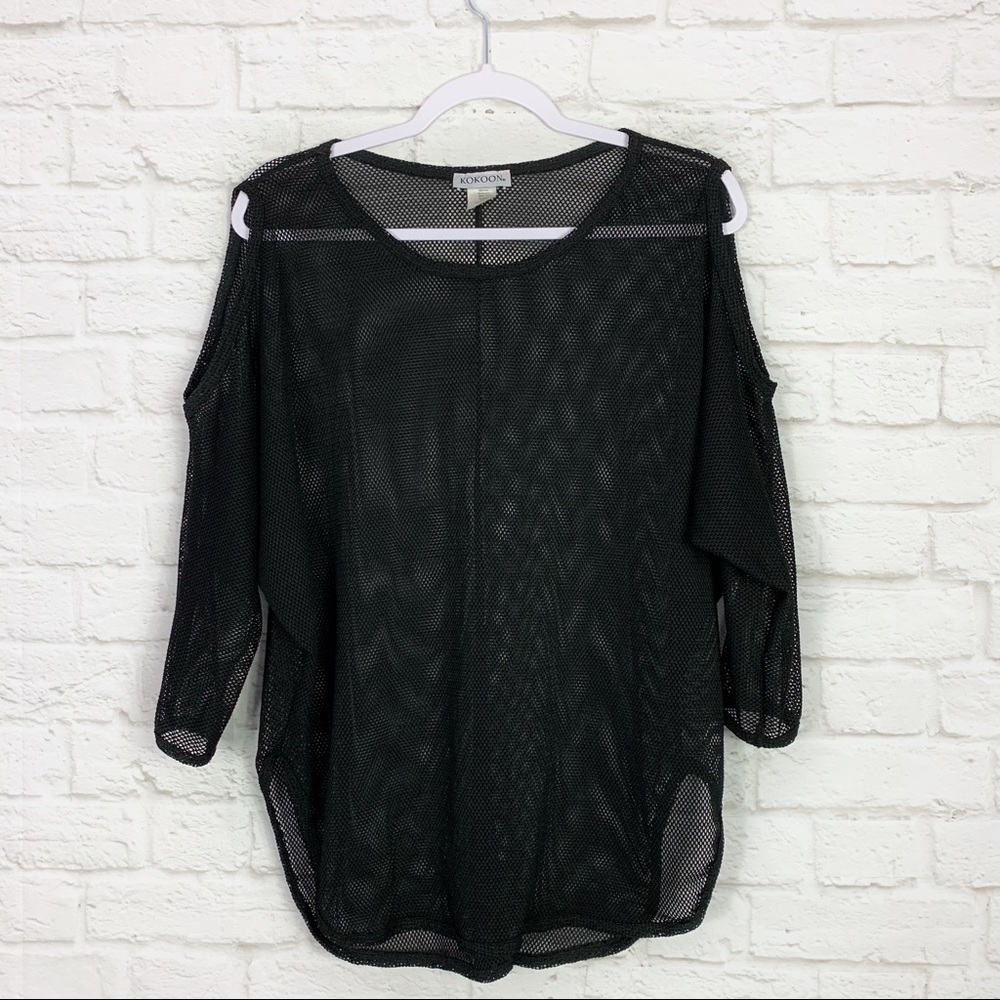Kokoon Black Mesh Cold Shoulder 3/4 Sleeve Top S